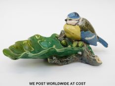 Minton majolica 19thC dish in the form of a blue tit on an oak leaf,