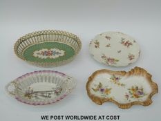 A hand decorated Dresden pocelain basket, shaped Minton dish,
