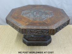 A 19thC carved oak octagonal hall table raised on a chamfered square column and carved base,