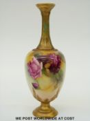 Royal Worcester pedestal vase hand decorated with roses and signed M Hunt,