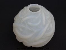 Lalique Formose vase of globular form relief decorated with swimming fish and stained in blue, no.