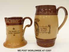 Two Doulton Lambeth salt glazed jugs commemorating Queen Victoria's 1887 Jubilee,