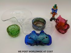 Seven pieces of Murano, Whitefriars and other coloured and clear glassware,
