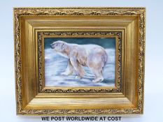 Porcelain plaque hand decorated with a polar bear by James Skerrett,