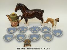 Beswick dog, Peggoty teapot and large shire horse,