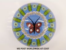 William Manson glass paperweight with central butterfly surrounded by a ring of millefiori canes