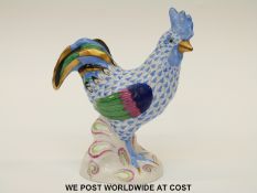 Herend porcelain blue fishnet decorated cockerel (14cm tall)