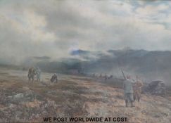 Douglas Adams print of a moorland grouse shooting scene beneath a stormy sky (38cm x 63cm)
