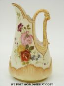Royal Worcester blush ivory flatback jug with flowers and ornate scrolling handle,