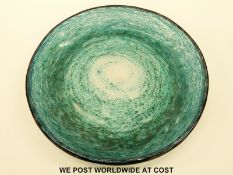 Monart glass shallow bowl with blue flecks and control bubble decoration in clear ground,