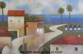 A modern abstract print of houses by the coast, in large silver frame,