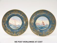 Royal Worcester pair of cabinet plates hand decorated with sailing boats,