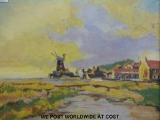 Colourist oil on canvas of a river leading to a windmill,