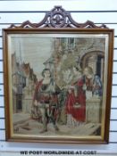 A large framed 19th / 20th century tapestry of a tudor scene with a lady being presented with a