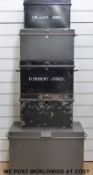 Five various deed boxes or metal travelling trunks