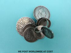 Ten pierced silver coins including hammered half groat of Edward III, Charles II twopence,