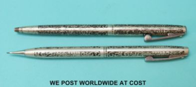 Sheaffer White Dot sterling silver pen and propelling pencil set with ornate engraving and import