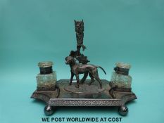 A 19th / early 20th century plated Standish / desk tidy with a figure of a dog,