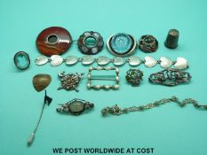 A hallmarked silver thimble, white metal brooch set with agate, hallmarked silver brooch,