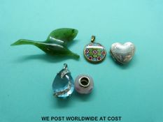A jadeite brooch, milleflori pendant, other pendants etc.