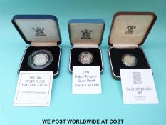 Two cased Royal Mint £1 silver proof coins, including 1987 Falklands Islands example,