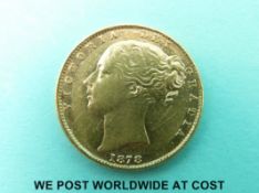 An 1878 Queen Victoria young head gold full sovereign first reverse,