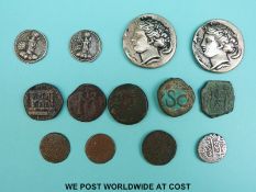 Nine unidentified ancient coins include Roman Imperial bronze example 