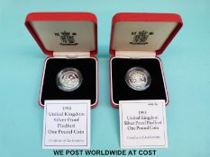 Two cased UK silver proof Piedfort £1 coins with certificates 1993 and 1994