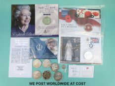 Ten various five pound coins including 90th anniversary poppy, Queen's Jubilee,