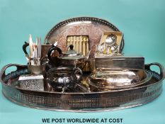 Two oval silver plated galleried trays and a quantity of further silver plate to include Mappin &