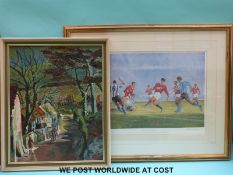 Gwenda Jones oil on board Welsh village landscape (50 x 40cm) together with a signed limited