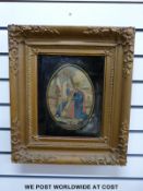 A possibly Georgian embroidery on silk of a crowned robed man playing a harp,