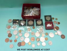 An amateur collection of mixed UK and overseas coinage, earliest being George II,