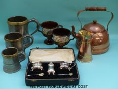 A cased plated cruet set, copper kettle and jug,