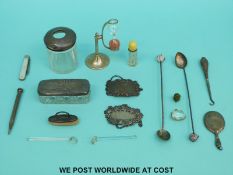 A guilloché enamel topped scent bottle, two hallmarked silver bottle tickets,