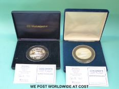 Two 2 oz silver coins/medallions by Westminster to commemorate Concorde's last flight