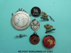 A large silver medal, RAF brooch, silver fob, silver brooch set with tortoiseshell etc.