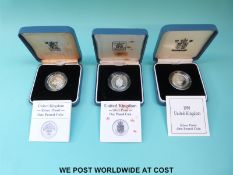 Three cased Royal Mint £1 silver proof coins for 1987, 1988 and 1990,