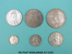 A collection of Victorian Jubilee head coins to include 1889 crown, F, double florin F,