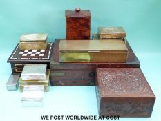 A collection of boxes including 19thC brass inlaid and bound campaign box with single drawer,