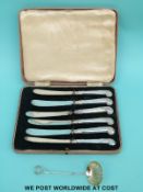 A cased set of six hallmarked silver handled butter knives and a silver sifter spoon