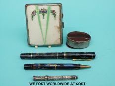 An enamel cigarette case, hallmarked silver propelling pencil, agate pill box,