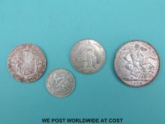 Edward VII 1902 crown EF, together with a 1908 halfcrown VF but tarnished, a 1910 florin near VF,