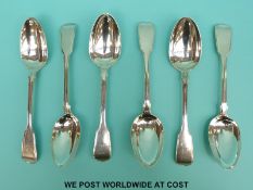 Six Georgian and Victorian fiddle and thread pattern hallmarked silver tablespoons,