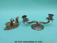 An Eastern white metal candelabra, width 20.