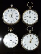 Four continental silver pocket watches all with Roman numerals,