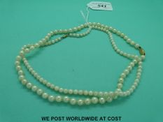 Two stands of cultured pearls both with 9ct gold clasps.