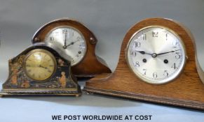 Three mantel clocks comprising a three train by Dark and Son Barnstaple,