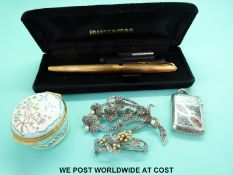 Marcasite brooches, Halcyon days pill box,