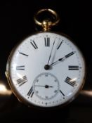 An 18ct gold gentleman's pocket watch with Roman numerals, enamelled dial and blued steel hands,